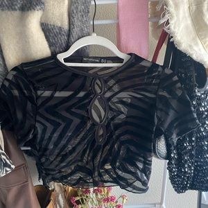 Mesh black crop top with striped detailing